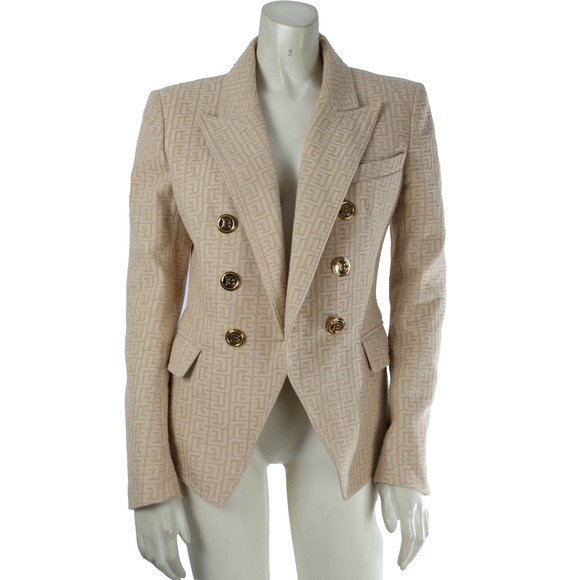 Balmain Beige Logo Jacquard Cotton Twill Double Breasted Blazer Jacket Size 40 - Picture 5 of 16